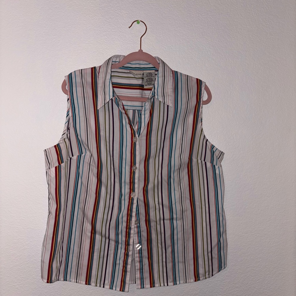 White Stag Sleeveless Button-Down Shirt in White with Multicolor Stripes